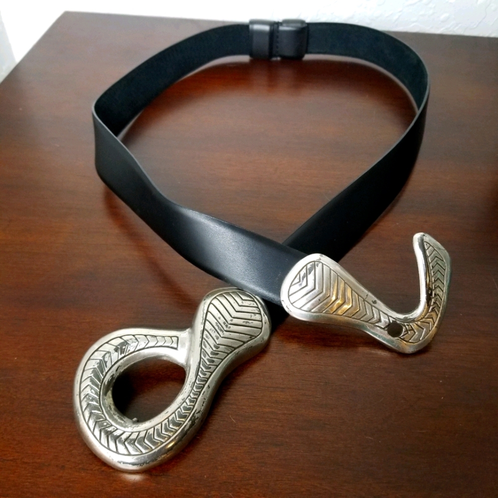 Vintage Chunky Silver Buckle and Leather Belt